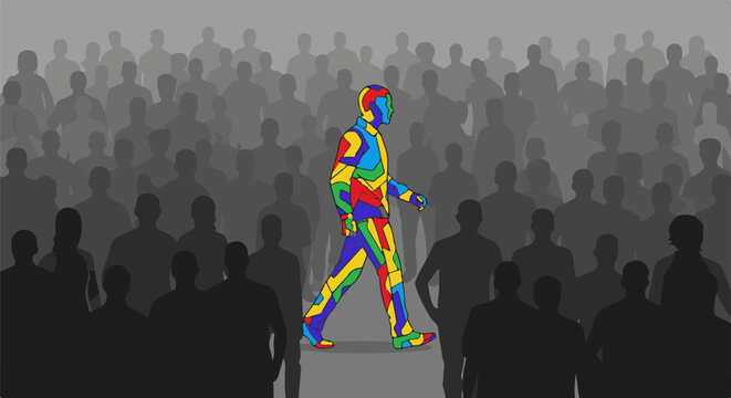 A single person walks distinctively through a crowd of grey figures