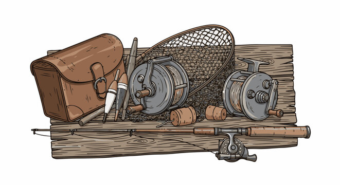Assorted vintage fishing gear, including reels, rods, net, tackle box, and floats
