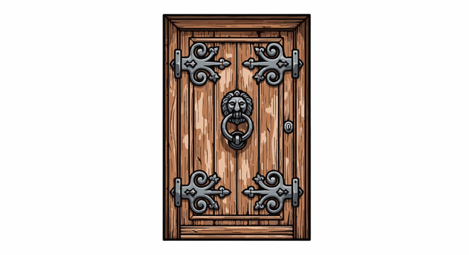 Old wooden door with lion knocker and ornate hinges