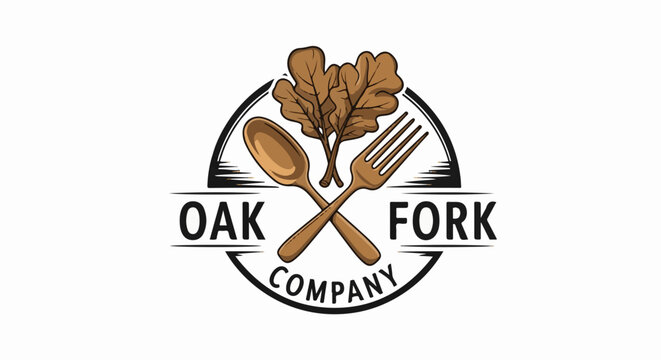 Rustic logo with oak leaves, spoon, and fork crossed inside a circle