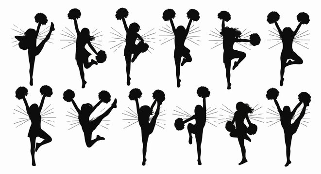 Dynamic cheerleaders performing acrobatic poses with pom-poms