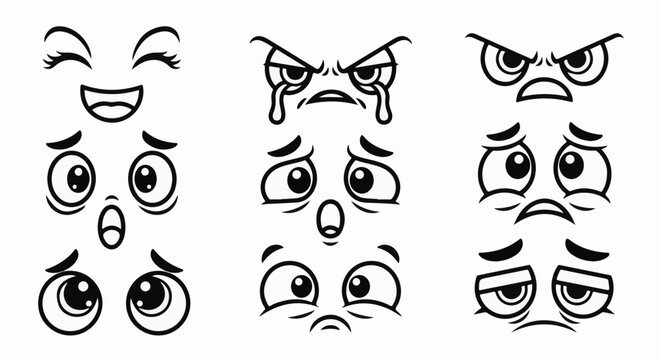 Diverse animated facial expressions, from joy to anger
