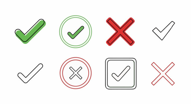 Collection of green checkmarks and red crosses, various styles