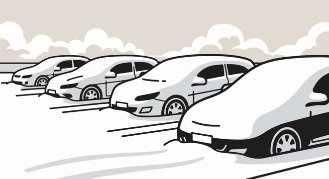 A row of stylized white cars parked under a cloudy sky