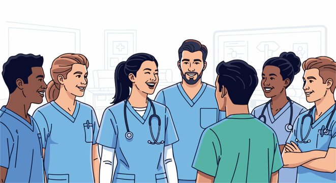 Diverse healthcare professionals in scrubs happily converse in a bright clinic