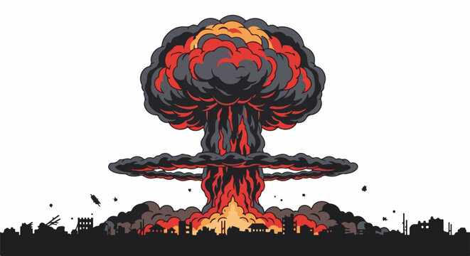 A massive mushroom cloud explosion erupts over a silhouetted city skyline