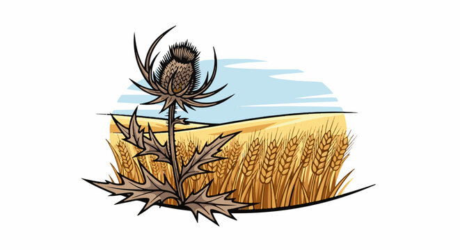 A stylized drawing shows a thorny thistle in a golden wheat field under a blue sky