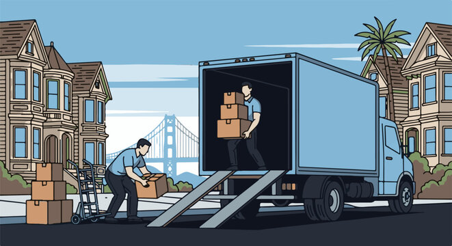 Movers loading boxes onto a truck with houses and a bridge in background