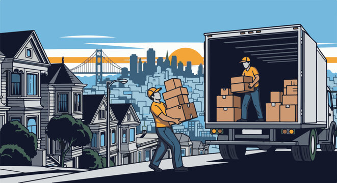 Movers unloading boxes from a truck with cityscape and bridge backdrop