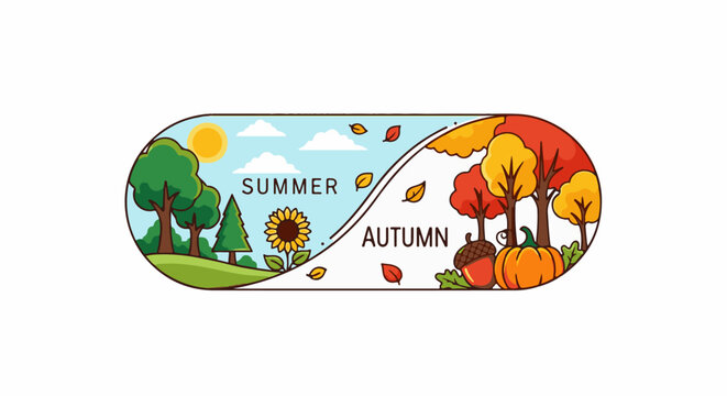 A split illustration depicting summer on the left and autumn on the right