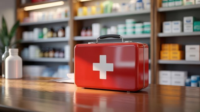Closed Red First Aid Kit with White Cross on Pharmacy Table