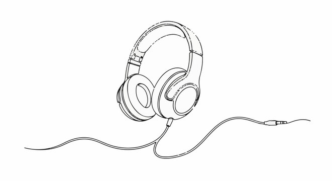 Stylized line drawing of over-ear headphones with a long cord and plug
