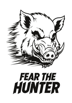 Wild boar head, fearless hunter, black and white vector, animal illustration, wildlife design
