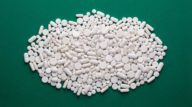 A large pile of white pills on a green surface for medical or healthcare concepts