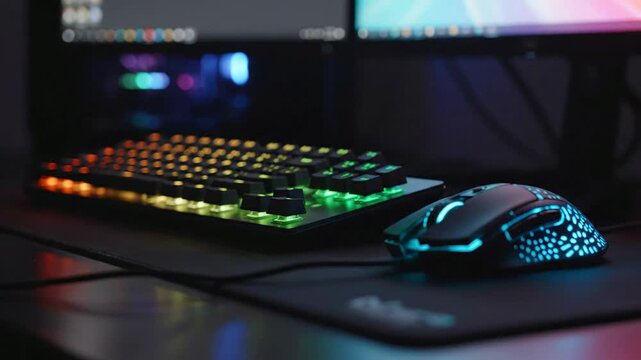 Gaming keyboard and mouse illuminated with colorful lights on a dark surface