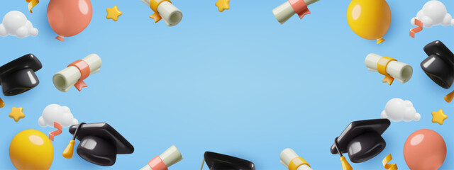 3d Graduation celebrating background with hats, balloons and diplomas flying in the blue sky. Vector illustration. © Anastasiia