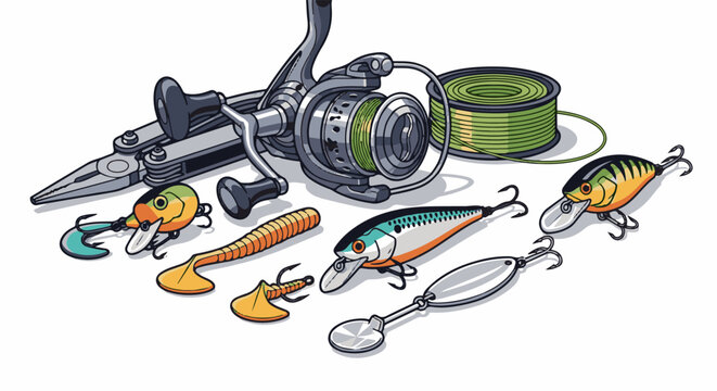 A variety of colorful fishing lures, a reel, and a multi-tool