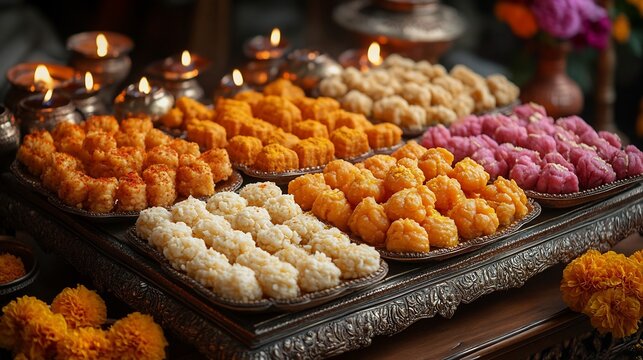 Vibrant spread of Diwali sweets like ladoos jalebis and barfis on a decorative tray with lit diyas marigold flowers and festive rangoli in the background