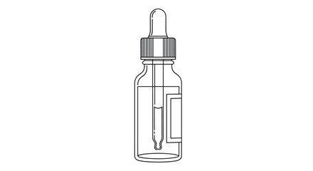 Naklejka premium Detailed black and white line drawing of a glass apothecary bottle featuring a dropper and a blank label for customization.