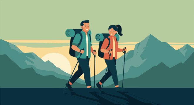 Two hikers with backpacks and trekking poles walk through a mountain landscape at sunset