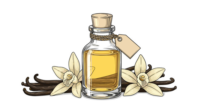Elegant illustration featuring a glass bottle of amber vanilla essential oil accompanied by two white vanilla orchids and several dark vanilla beans.