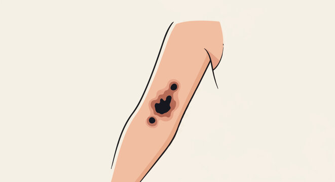 Stylized illustration of a human limb showing dark, irregular skin lesions