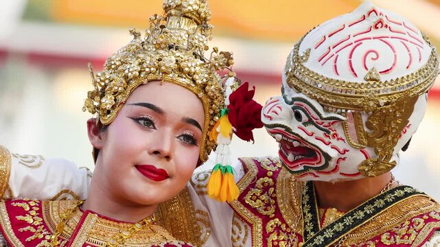 Thai Khon Classical Dancers Perform Hanuman and Suphannamatcha Scene in Bangkok