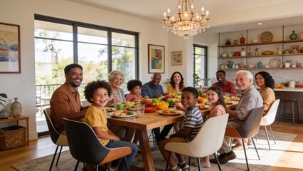 Obraz premium A large and diverse family gathered around a long wooden table having lunch together in a spacious open bright apartment filled with natural light pouring in through large windows, the family members 