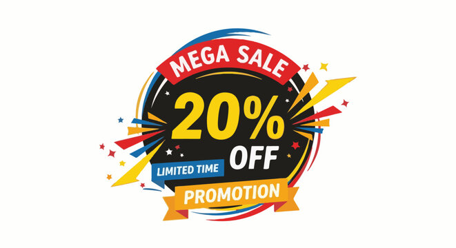 Vibrant explosion graphic advertising 20% off mega sale promotion