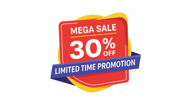 Red and yellow promotional graphic announces a limited-time 30% off mega sale
