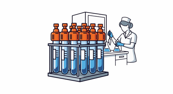 Laboratory scientist in uniform performing experiment with beakers and test tubes