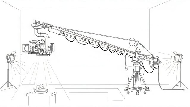Professional film studio setup featuring camera crane, specialized lighting, and product photography