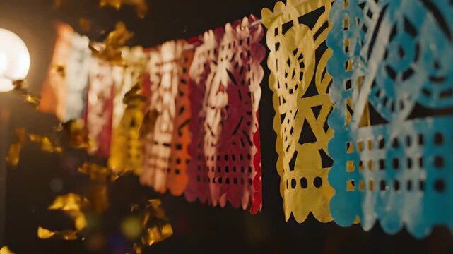 Papel picado mexicano colorido con confeti dorado cayendo en c&aacute;mara lenta, decoraci&oacute;n festiva de Cinco de Mayo y D&iacute;a de Muertos, fondo vibrante para celebraciones culturales.