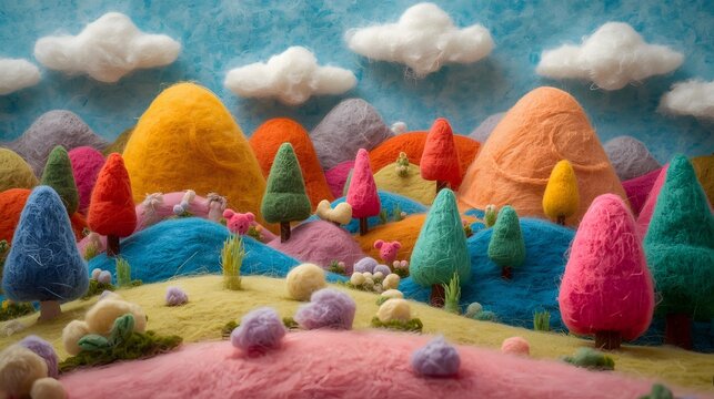 Vibrant colorful 3D landscape of a forest with pointed trees made of fuzzy wool and felt.