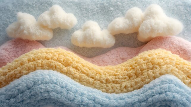 Abstract 3D landscape with rolling hills and clouds made of soft pastel knitted wool texture.