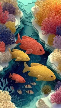 Layered paper cut illustration of a colorful coral reef with tropical fish. Underwater marine life and ocean conservation concept. Handmade papercraft 3d art style