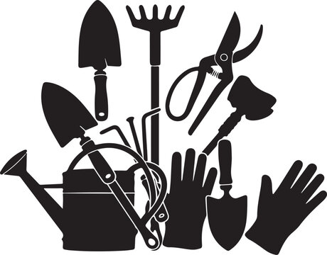Black silhouette gardening tools and gloves on white background