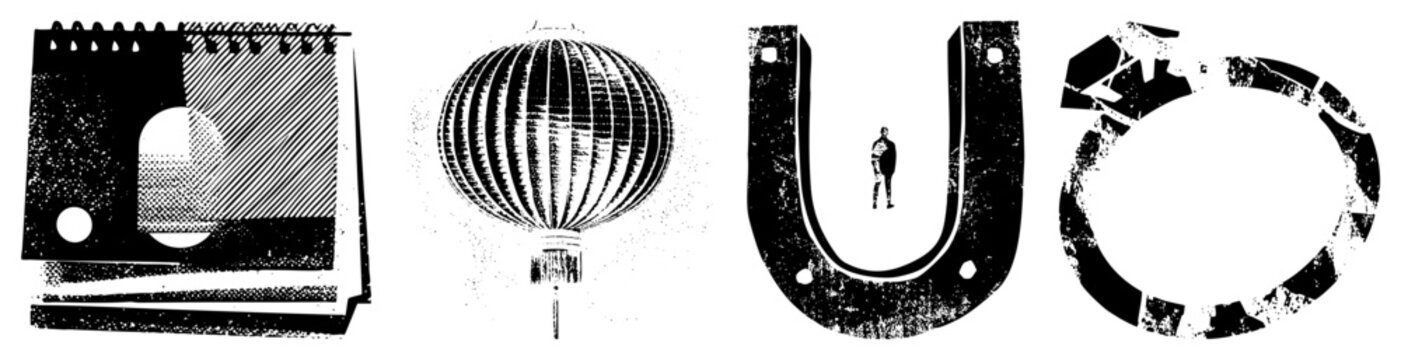 Four stylized vector forms with halftone spiral notebook, ribbed lantern, horseshoe with figure, broken ring., gritty texture, graphic design elements.