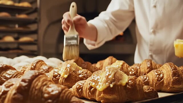 A baker carefully brushes a golden glaze onto freshly baked croissants in a professional kitchen setting, showcasing the artistry of pastry making.