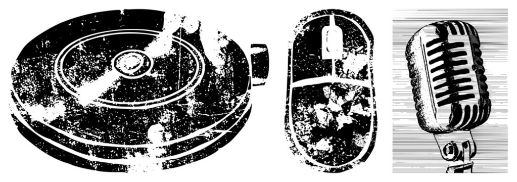 Retro tech vinyl turntable, computer mouse, classic mic, halftone vector art, nostalgic digital devices, isolated tech symbols.