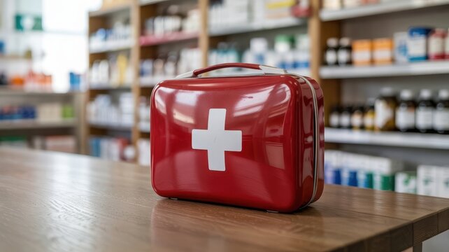 Closed Red First Aid Kit with White Cross on Pharmacy Table