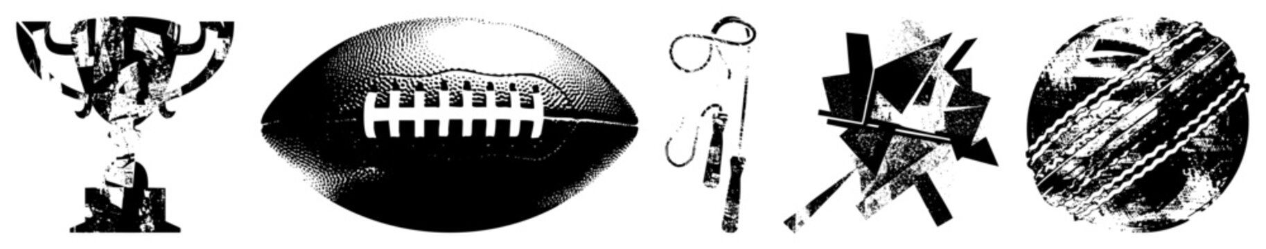 Trophy cup, American football, jump rope, abstract arrows, cricket ball vector symbols for sports, competition, fitness, and activity themes.