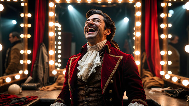 Man in eighteenth century costume laughing backstage surrounded by mirrors and bright lightbulbs wearing velvet and a lace cravat theater generative AI