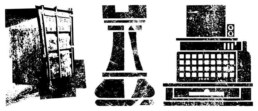 Retro typewriter with keys, chess pieces with textured grain, shipping container, halftone vector art, black and white stencil design, isolated symbols for creative projects.