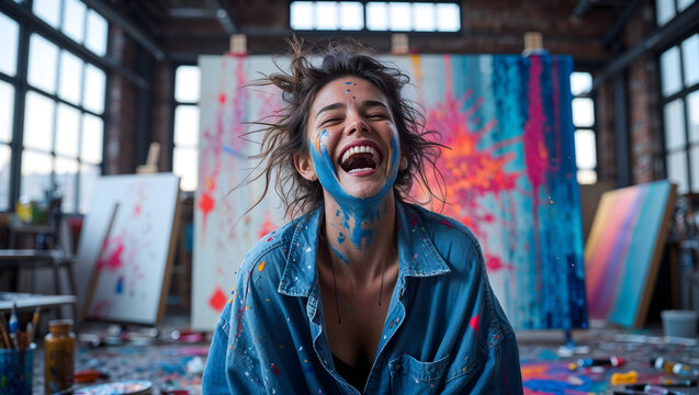 Artist covered in paint splatters laughing in an industrial loft studio in front of a massive canvas celebrating artistic freedom generative AI