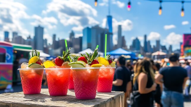 Vibrant summer festival scene with margarita cocktails served in creative fruit inspired cups surrounded by cheerful crowds food trucks and live music performances