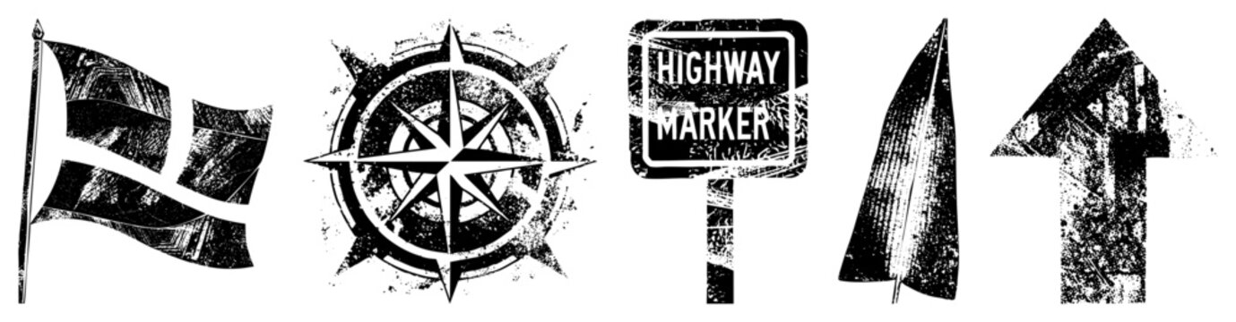 Worn flag, compass rose, highway marker sign, arrow, sailboat silhouette, distressed vector, directional symbols, navigation elements.
