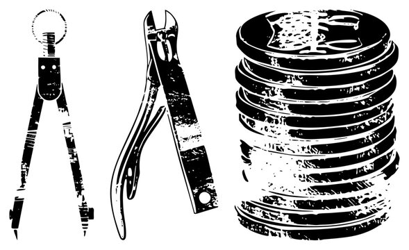 Compass and wire cutters as drafting instruments, stack of coins with engraved face, graphic design elements, vector art, isolated tools for illustration.