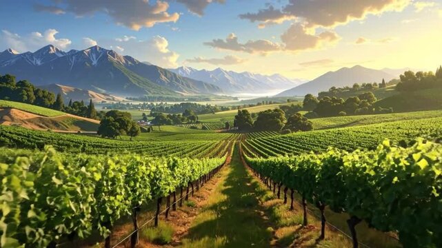 Scenic view of a vineyard with rows of grapevines, mountains, and a beautiful sky in the background.