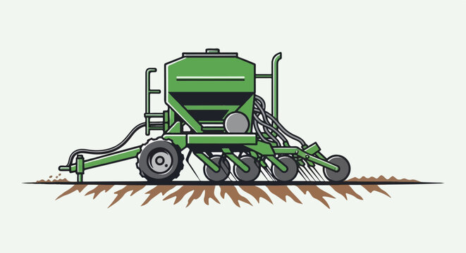 A green, stylized agricultural planter with multiple seed tubes is shown in profile, working the earth